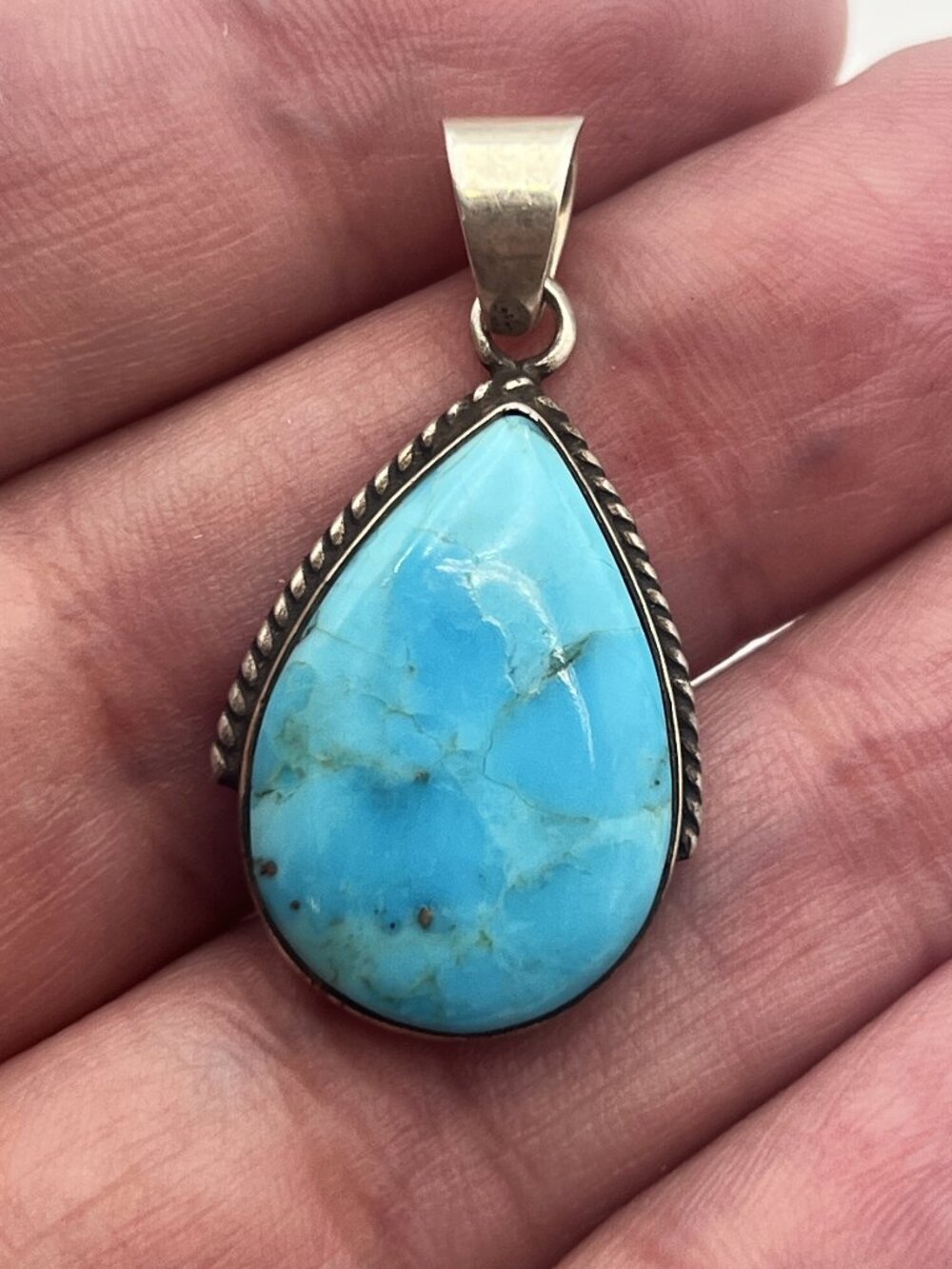 TL 925 Sterling Silver Turquoise Cabochon Teardrop Pendant - Philippines